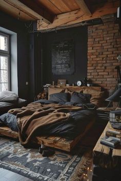 a bedroom with brick walls and wooden floors