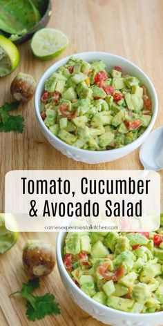 two bowls filled with cucumber and avocado salad on top of a wooden table