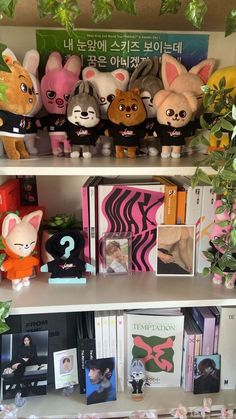 several stuffed animals are sitting on the shelves