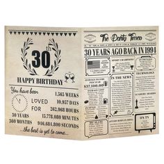 the 30th birthday card has an old newspaper page with black and white lettering on it