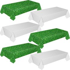 four tables covered in green grass with white checkered tablecloths and matching covers