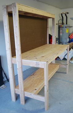 a workbench is being built in a garage