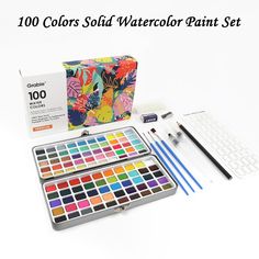 the watercolor paint set includes 100 colors and two sets of markers, pencils, and an artist's palette