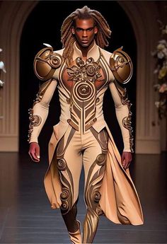 a man with dreadlocks walking down a runway wearing a costume that looks like an armor