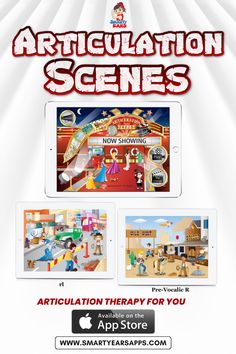 an advertisement for the articulation scenes program, which is available on ipads