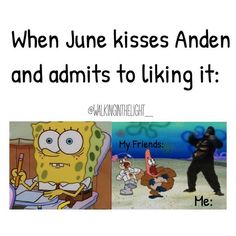 an image of cartoon characters with caption that reads, when june kisses andy and admits to liking it my friends