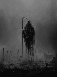 a man with long hair holding a stick in the dark, surrounded by fog and water