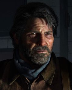 a man with a beard is staring at the camera while wearing a brown shirt and blue scarf