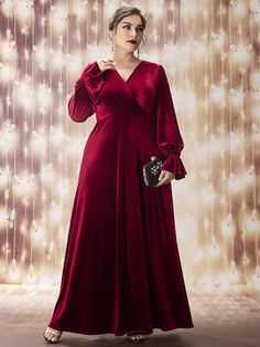 Burgundy Glamorous  Long Sleeve Velvet Plain A Line  Slight Stretch Fall/Winter Plus Size Dresses Velvet Formal Dress, Long Sleeve Bridesmaid Dress, Velvet Prom Dress, Sewing Clothes Women, Velvet Maxi, Velvet Maxi Dress, Mob Dresses