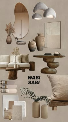 a collage of various objects including vases, mirrors and other items with the words wabi sabi written on them