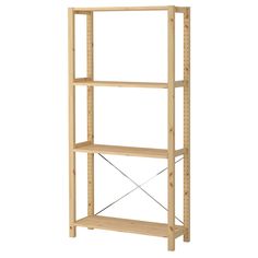 a wooden shelving unit with four shelves