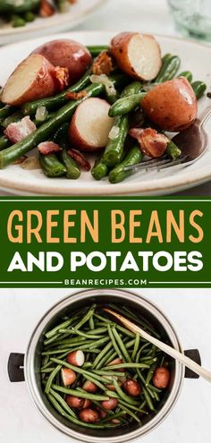 green beans and potatoes in a pot with chopsticks next to it on a plate