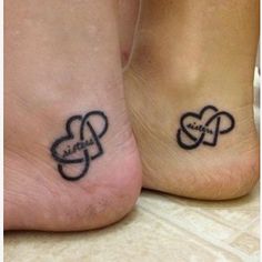 two people with matching tattoos on their feet, one has an intertwined heart tattoo