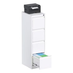 a white filing cabinet with three drawers and a printer on top of it, in front of a white background