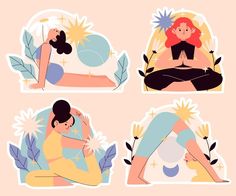 woman doing yoga poses in different positions on the floor with flowers and leaves around her