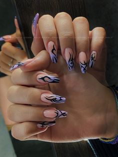 Purple With White Nails, Medium Size Nails, Rave Nails, Edgy Nails, Grunge Nails, Acrylic Nails Coffin Short, Fall Nail