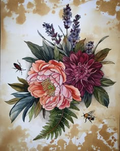 a painting of flowers and bugs on a brown background