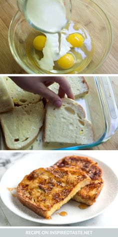 three different pictures with bread, eggs and butter in them on the same plate as well