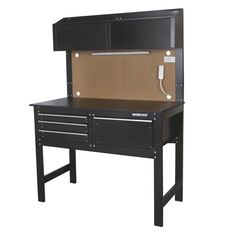 a black workbench with drawers on it