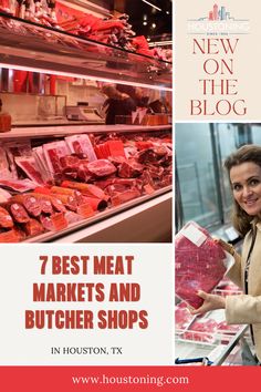 a woman standing in front of a display case filled with meats and butcher shops