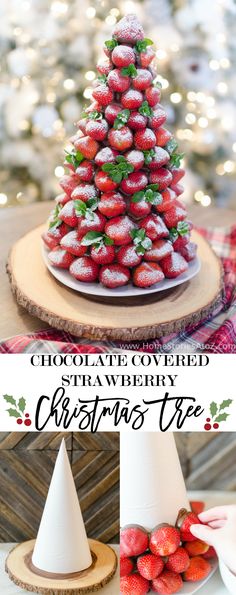 chocolate covered strawberries are stacked on top of each other to make a christmas tree