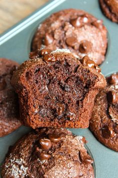 several chocolate muffins in a muffin tin