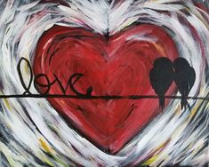 a painting of two birds sitting on a wire with the word love painted over it