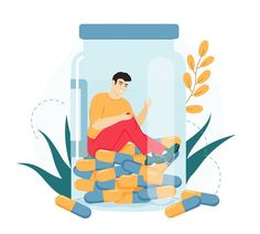 a man sitting in a jar filled with gold coins