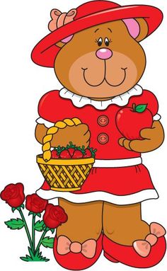 a brown teddy bear wearing a red dress and hat holding a basket of strawberries