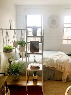 a bed room with a neatly made bed and plants on the shelves next to it