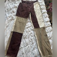 Patchwork Pants Never Worn Not Very Stretchy Fits Like A Size 8 Long Very Long, I’m 6’ And They Hit The Floor Brown Patchwork Wide Leg Bottoms, Brown Patchwork Long Pants, Casual Beige Patchwork Pants, High Waist White Pants With Patchwork, White High Waist Patchwork Pants, White High-waist Pants With Patchwork, High-waist White Patchwork Pants, White Patchwork Long Pants, Brown Patchwork Straight Leg Bottoms