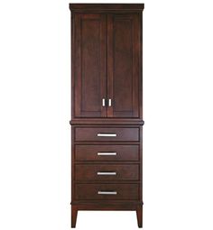 a tall wooden cabinet with drawers on the top and bottom drawer in dark brown wood