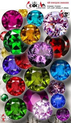 an advertisement with many different colored gems