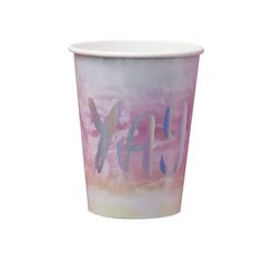 a paper cup with the word yay painted on it