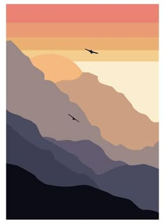 two birds flying over mountains at sunset