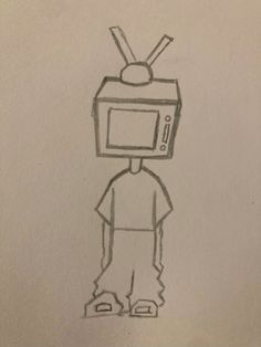 a drawing of a person standing in front of a tv with an antenna on his head