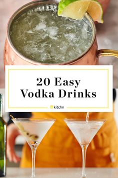 two martinis with lime garnish and the words, 20 easy vodka drinks