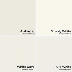 four different shades of white paint with the words, simply white and pure white on them