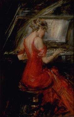 a woman in a red dress sitting at a piano playing the music on it's side