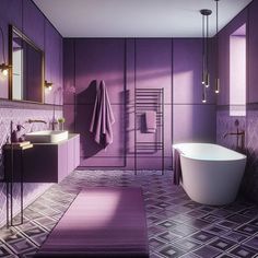 a bathroom with purple walls and flooring is pictured in this image, it appears to be very modern