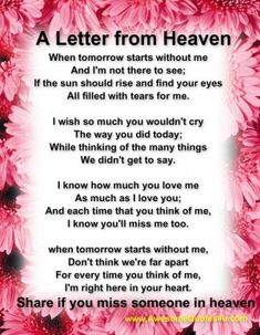 a poem written in pink flowers with the words,'a letter from heaven '