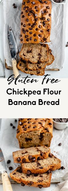 gluten free chickpea flour banana bread with chocolate chips on top and in the middle