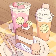 a piece of cake on a plate next to two cups with ice cream and strawberries