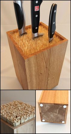 four different knives in a wooden holder