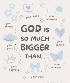 the words god is so much bigger than are drawn in blue and gray on a white background