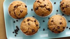 chocolate chip muffins on a blue plate