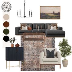 a living room with furniture and decor in shades of gray, brown, beige and white