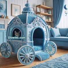 a blue horse drawn carriage in a living room