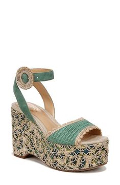 An earthy embroidered jute platform and heel lift this chunky ankle-strap sandal fastened with a circular faux-raffia-adorned buckle. 4 1/4" heel; 2" platform Adjustable ankle strap with buckle closure Synthetic and textile upper/synthetic lining and sole Imported Espadrilles Platform, Turquoise Green, Summer Sandals, Sandal Women, Sandals Summer, Ankle Strap Sandals, Sam Edelman, Women's Shoes Sandals, Ankle Strap