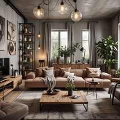 a living room filled with lots of furniture and plants on top of it's tables